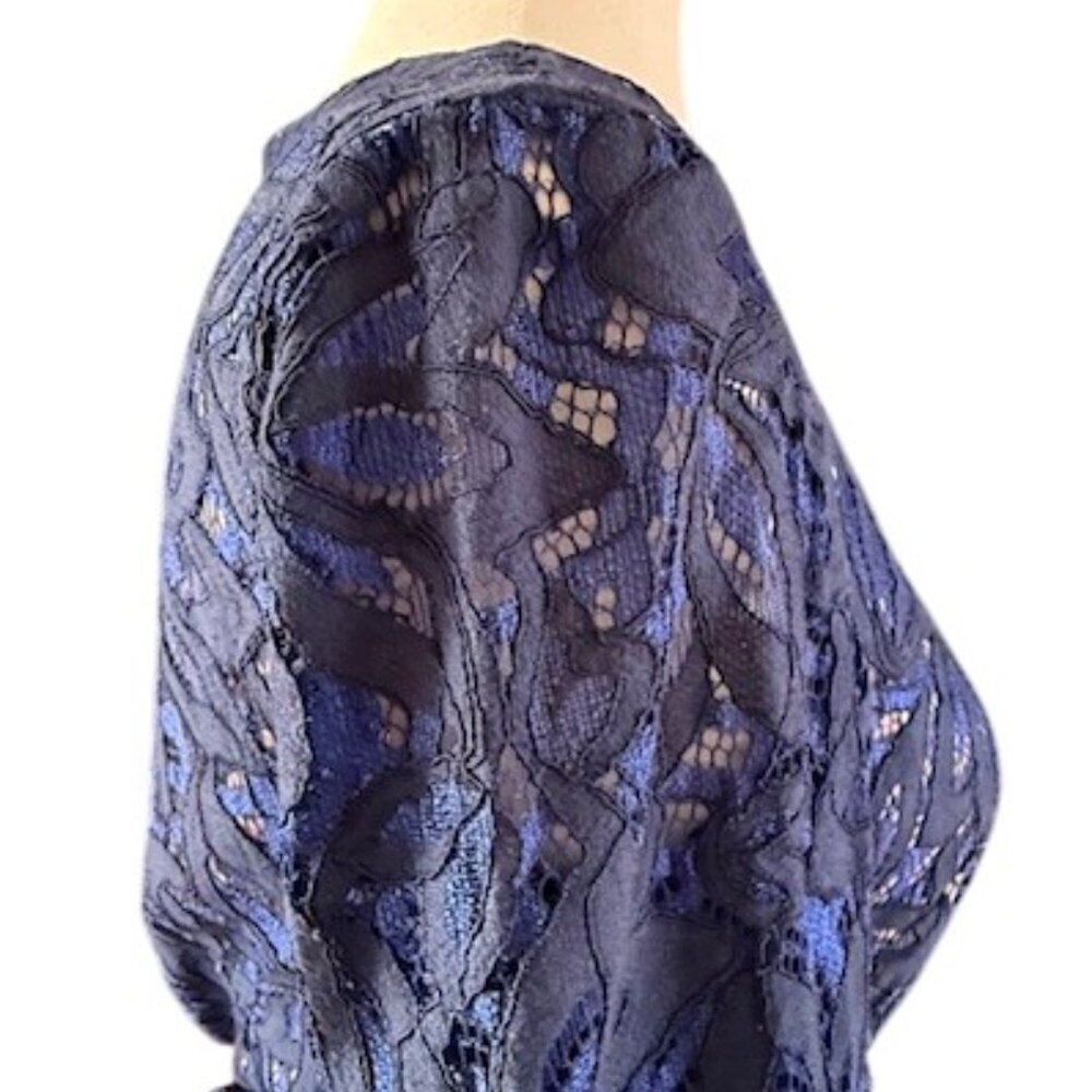ELIZA J Reverie Navy Blue Nude Lined Lace Dress Bell Sleeves Fit Flare Size 8 - Picture 10 of 16